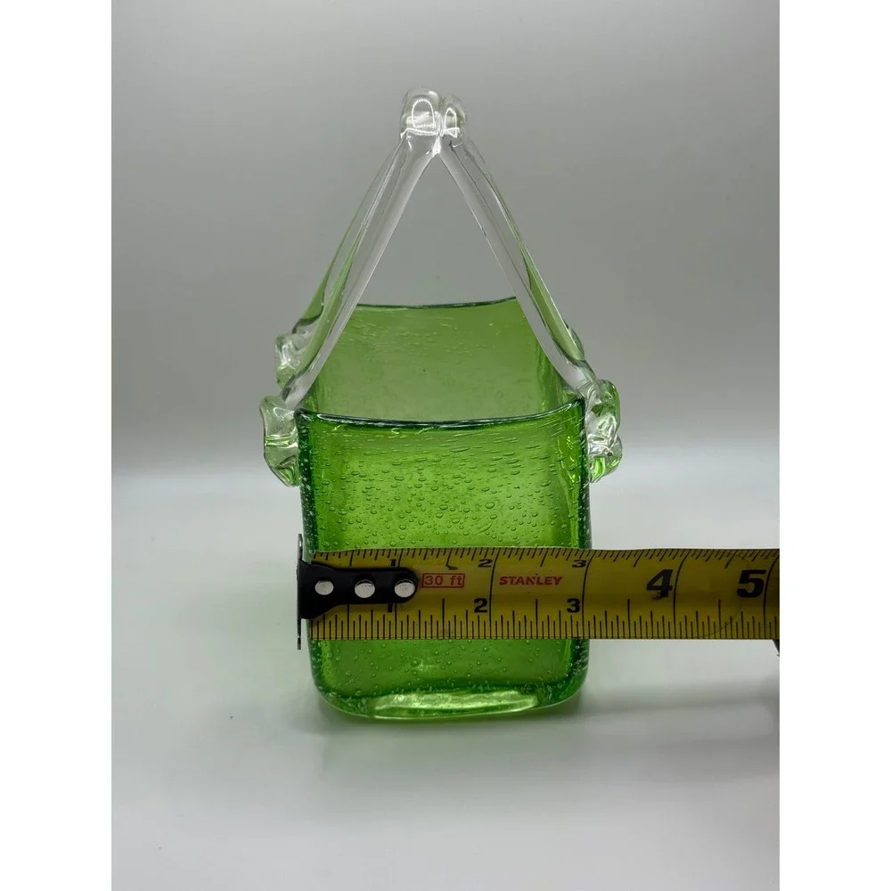 Green Art Glass Basket Vase Hand‎ Blown Bubble Design Decor Accent Piece